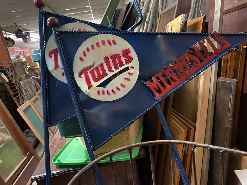 Mexican garden art metal sculpture - Minnesota Twins pennant at Junque Decor Floral and Greenhouse